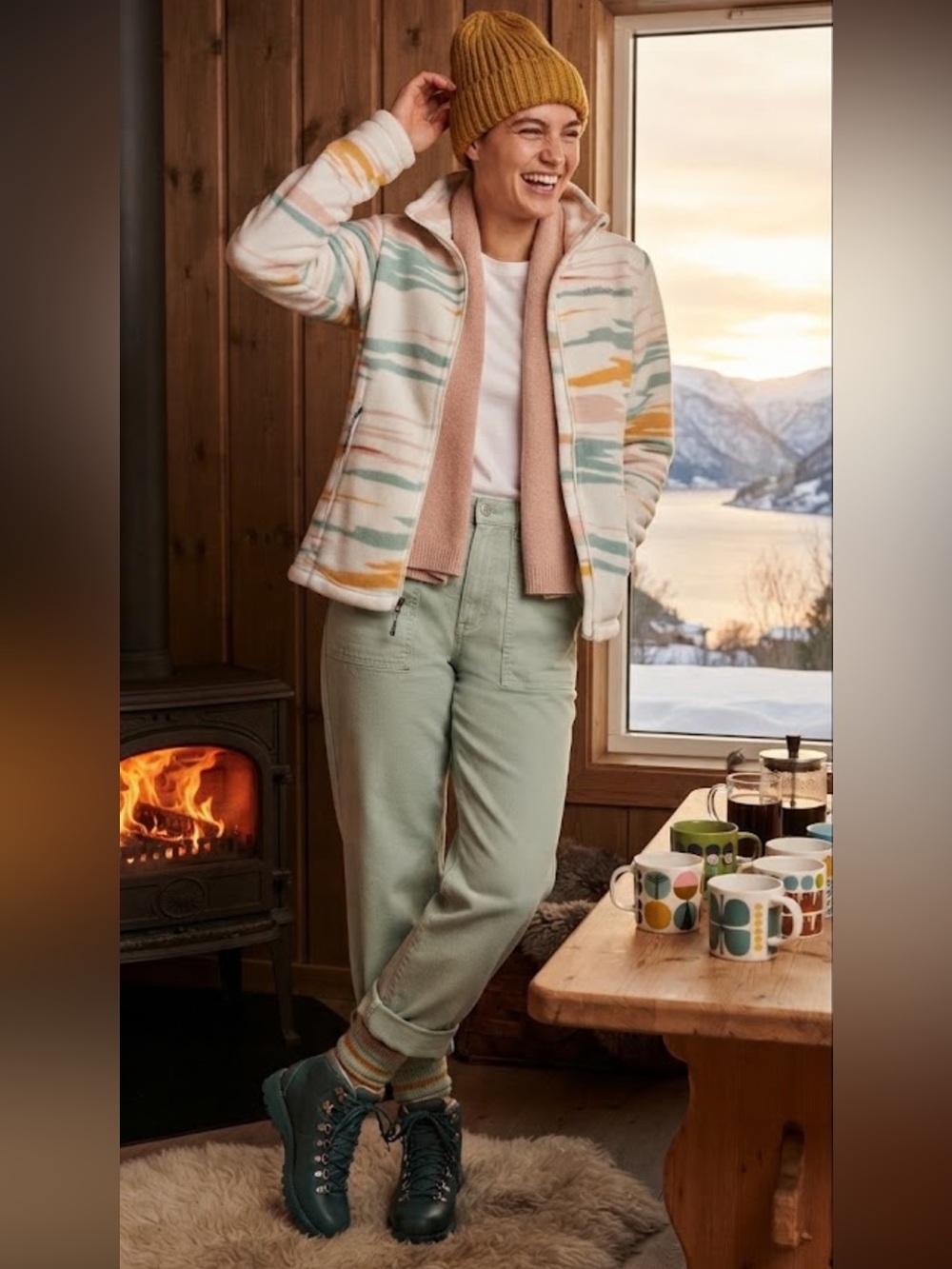 Columbia White Fleece Jacket in Mint, Blush, and Mustard
